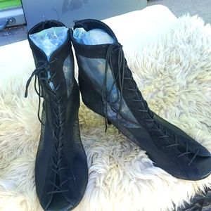 Women's Peep Toe Suede Mesh Ankle Boots Laceup zip Heels sz 10